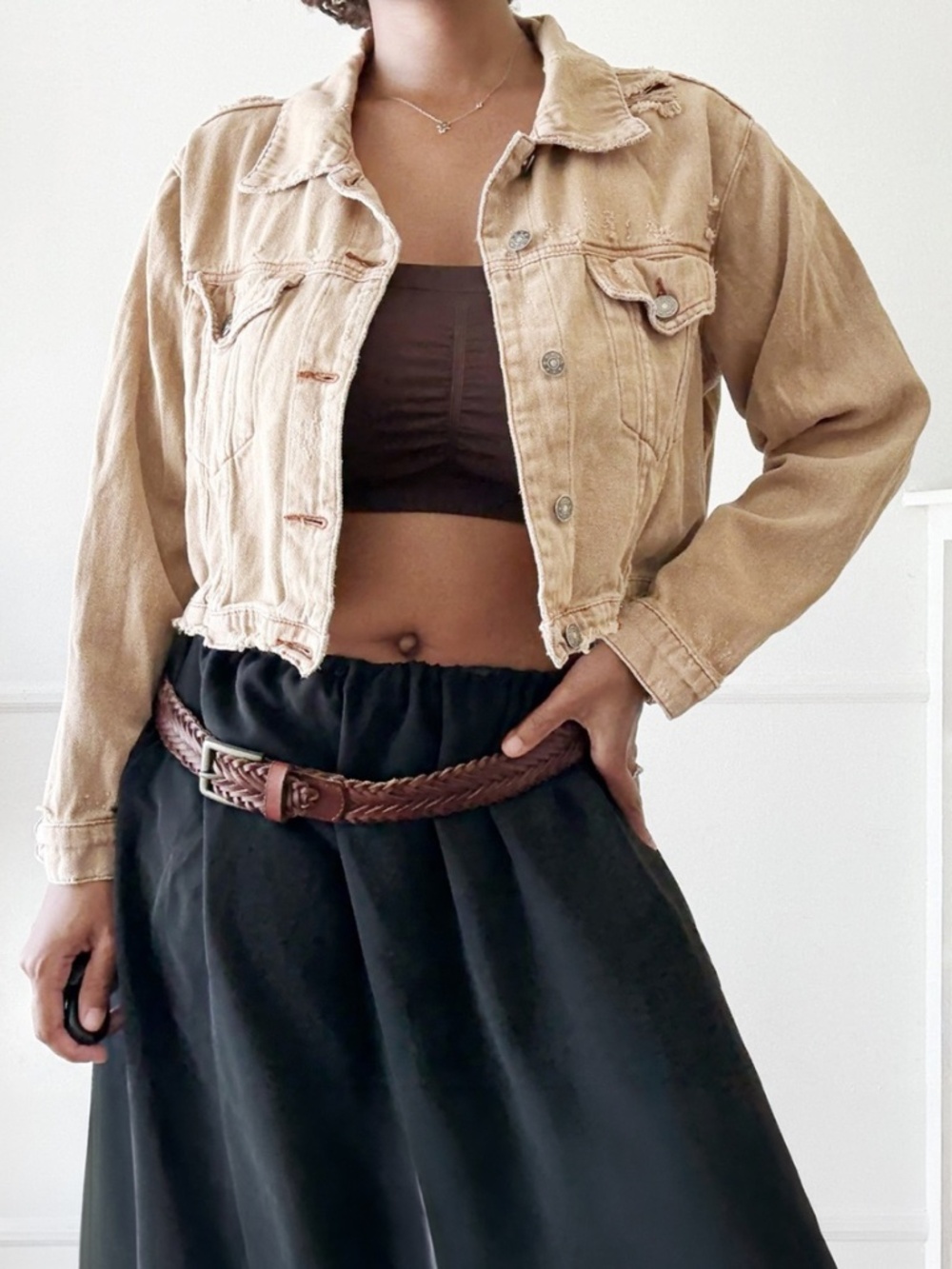 camel distressed cropped twill jacket